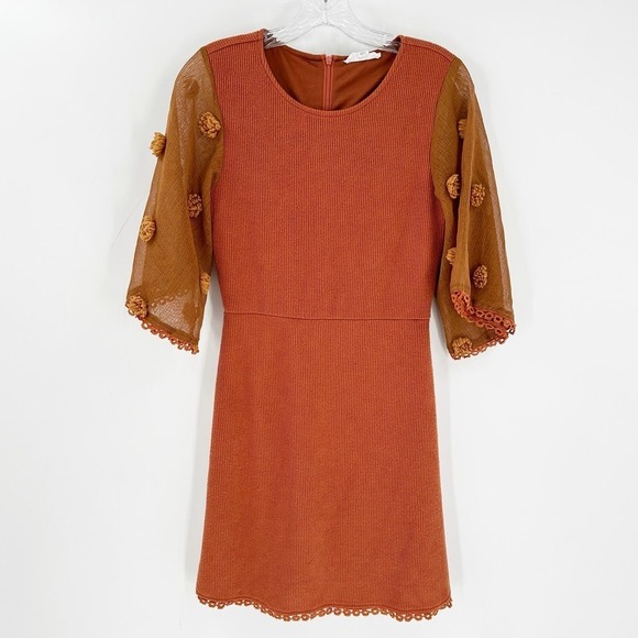 THML Rust Orange Mesh 3/4 Bell Sleeve Round Neck Lined Knit Dress Size XS FLAWED - Picture 1 of 15